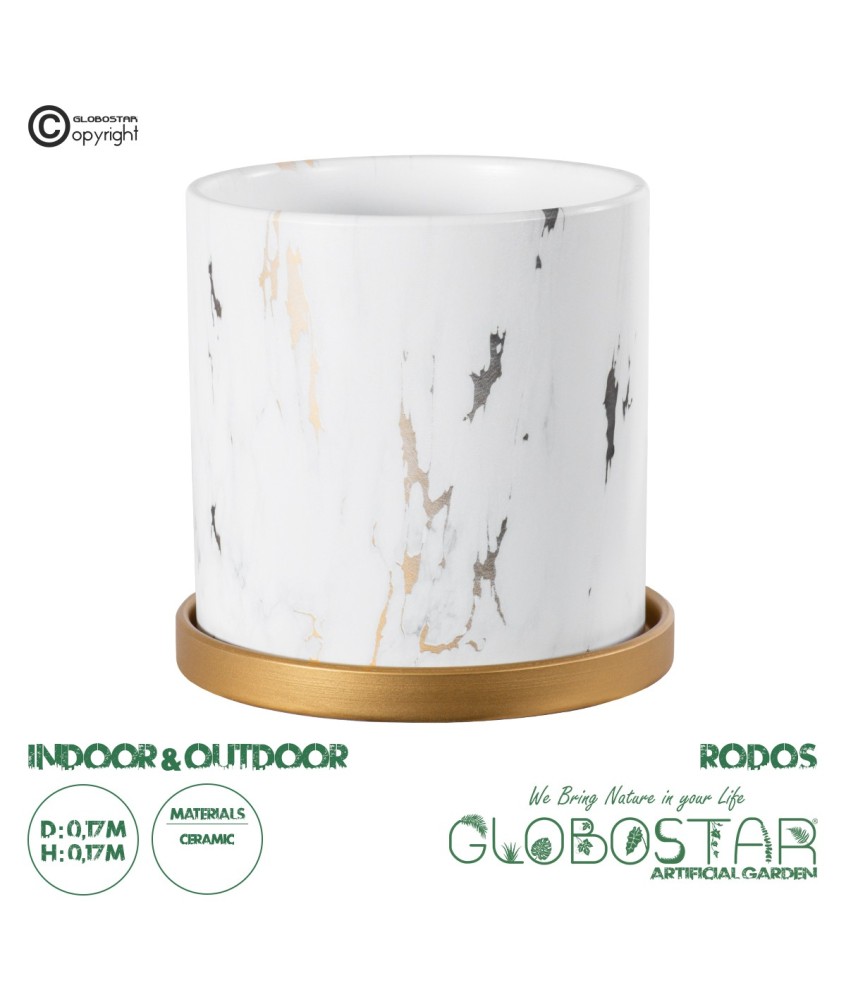 GloboStar® Artificial Garden RODOS 20460 Πήλινο Κεραμικό Κασπώ Γλάστρα - Flower Pot Λευκό με Χρυσό Φ17cm x Υ17cm